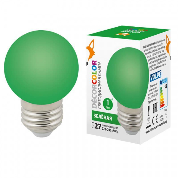 Лампа светодиодная Volpe E27 1W зеленая LED-G45-1W/GREEN/E27/FR/С UL-00005648