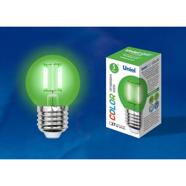 Лампа светодиодная филаментная Uniel E27 5W зеленая LED-G45-5W/GREEN/E27 GLA02GR UL-00002988