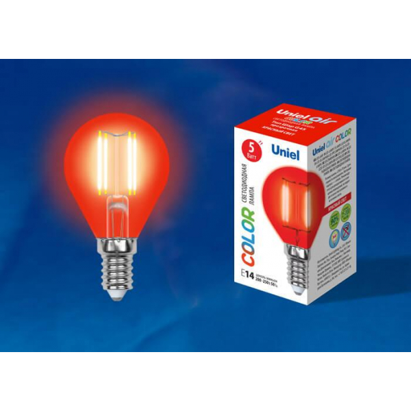 Лампа светодиодная филаментная Uniel E14 5W красная LED-G45-5W/RED/E14 GLA02RD UL-00002985