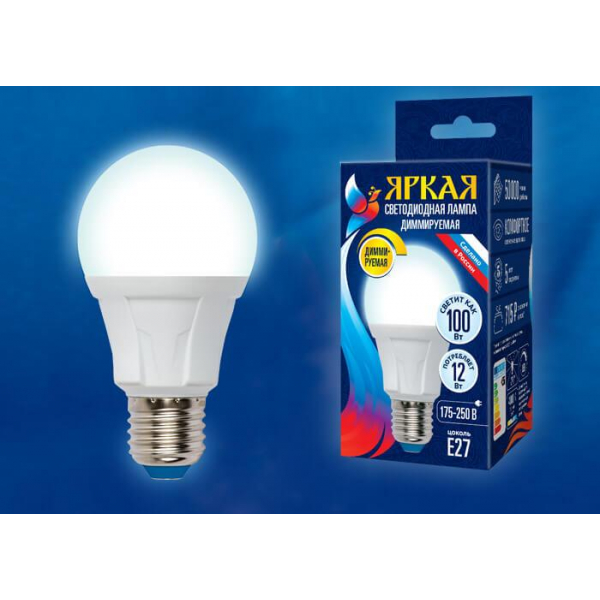 Лампа светодиодная диммируемая Uniel E27 12W 4000K матовая LED-A60 12W/4000K/E27/FR/DIM PLP01WH UL-00004289