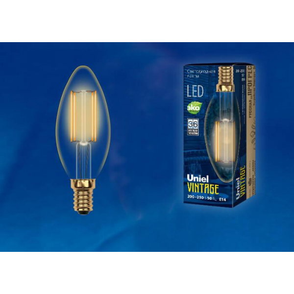 Лампа светодиодная филаментная Uniel E14 5W 2250K прозрачная LED-C35-5W/GOLDEN/E14 GLV21GO UL-00002396