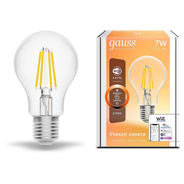 Лампа светодиодная диммируемая филаментная Gauss Smart Home Filament E27 7W 2700K прозрачная 1200112