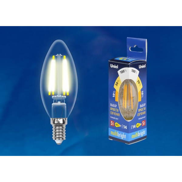 Лампа светодиодная филаментная Uniel E14 5W 3000K прозрачная LED-C35-5W/WW/E14/CL/MB GLM10TR UL-00002367