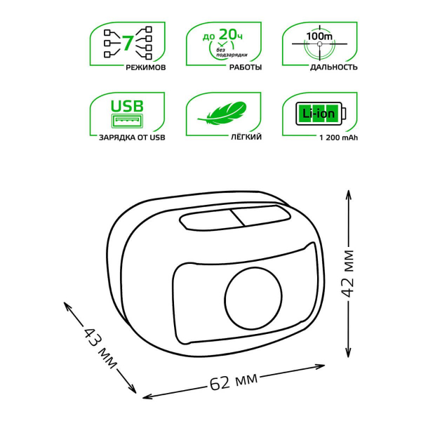 Налобный светодиодный фонарь Gauss аккумуляторный 40х60 220 лм GF402
