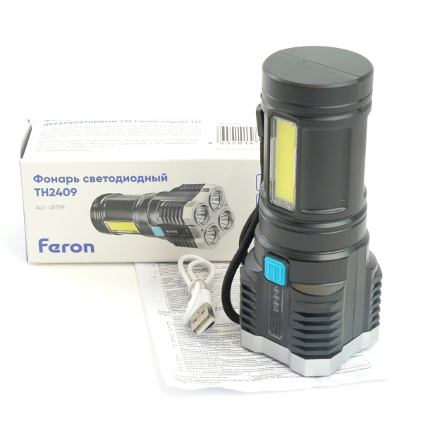 Фонарь ручной Feron TH2409 с аккумулятором USB ZOOM 48789