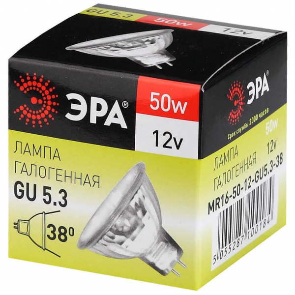 Лампа галогенная ЭРА GU5.3 50W 3000K прозрачная GU5.3-MR16-50W-12V-CL C0027358