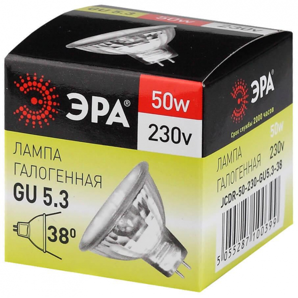 Лампа галогенная ЭРА GU5.3 50W 2700K прозрачная GU5.3-JCDR (MR16) -50W-230V-CL C0027365