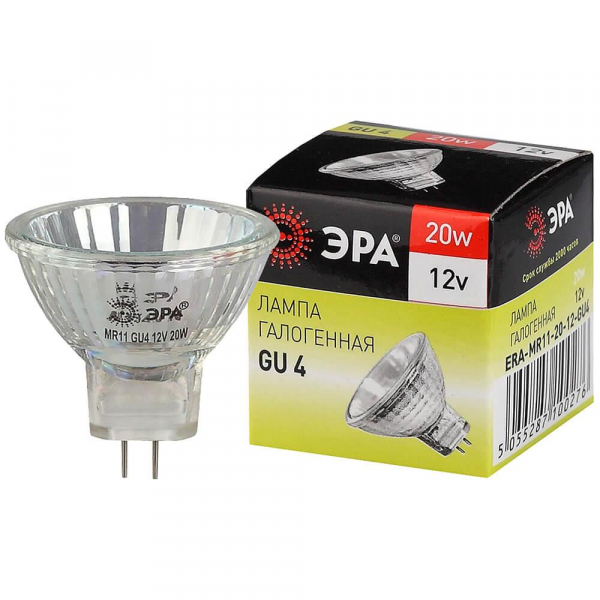 Лампа галогенная ЭРА GU4 20W 2700K прозрачная GU4-MR11-20W-12V-30CL C0027361