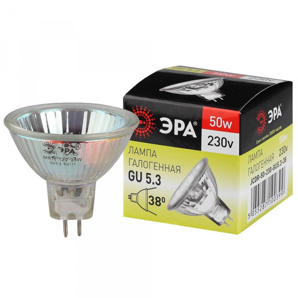 Лампа галогенная ЭРА GU5.3 50W 2700K прозрачная GU5.3-JCDR (MR16) -50W-230V-CL C0027365