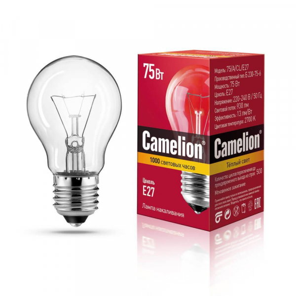 Лампа накаливания Camelion E27 75W 75/A/CL/E27 7278