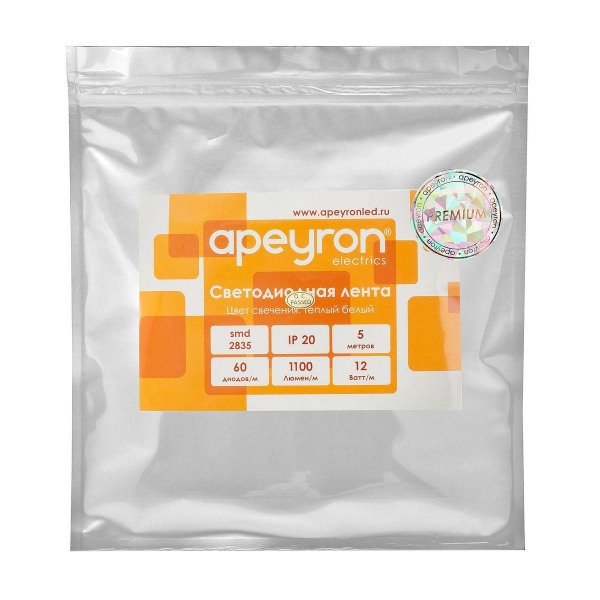 Светодиодная лента Apeyron 12W/m 60LED/m 2835SMD теплый белый 5M 00-454