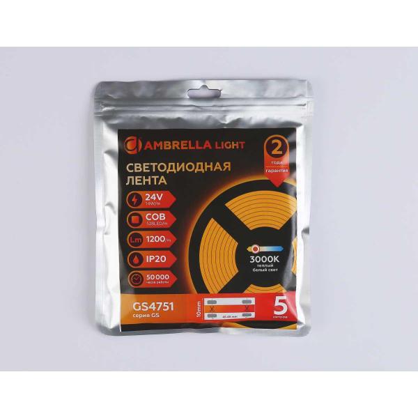 Светодиодная лента Ambrella Light GS4751 COB 528Led/14W m/ 24V IP20 3000K/ 5m*10mm*2mm (2 конт.) GS4751 Светодиодная лента Ambrella Light GS4751 COB 528Led/14W m/ 24V IP20 3000K/ 5m*10mm*2mm (2 конт.) GS4751