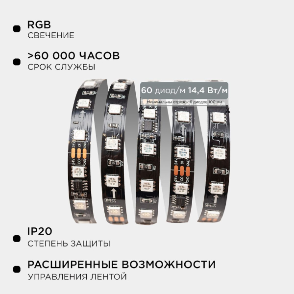 Комплект адресной светодиодной ленты Apeyron 14,4W/m 60LED/m 5050SMD RGB 2M 10-92