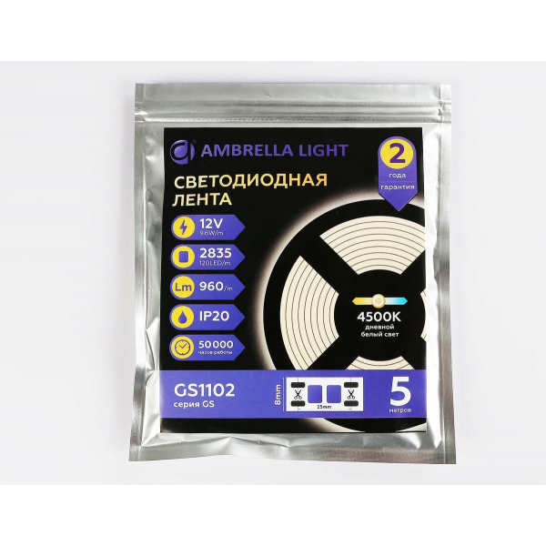 Светодиодная лента Ambrella Light 9,6W/m 120LED/m 2835SMD дневной белый 5M GS1102