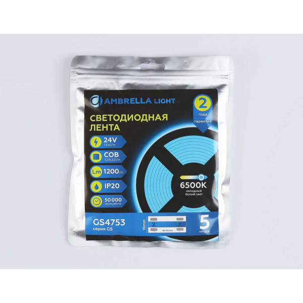 Светодиодная лента Ambrella Light GS4753 COB 528Led/14W m/ 24V IP20 6500K/ 5m*10mm*2mm (2 конт.) GS4753 Светодиодная лента Ambrella Light GS4753 COB 528Led/14W m/ 24V IP20 6500K/ 5m*10mm*2mm (2 конт.) GS4753