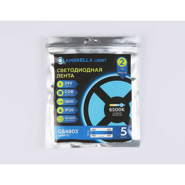 Светодиодная лента Ambrella Light GS4803 COB 616Led/19W m/ 24V IP20 6500K/ 5m*12mm*2mm (2 конт.) GS4803 Светодиодная лента Ambrella Light GS4803 COB 616Led/19W m/ 24V IP20 6500K/ 5m*12mm*2mm (2 конт.) GS4803