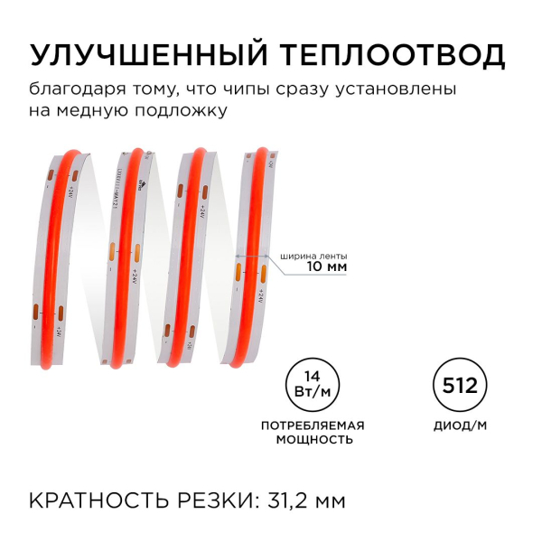 Светодиодная лента Apeyron 14W/m 512LED/m COB красный 5M 214ОО Светодиодная лента Apeyron 14W/m 512LED/m COB красный 5M 214ОО