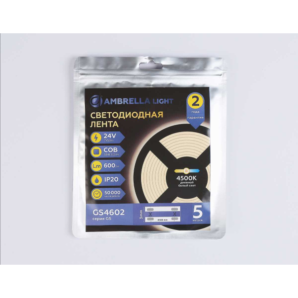 Светодиодная лента Ambrella Light GS4602 COB 384Led/ 7W m/ 24V IP20 4500K/ 5m*3mm*2mm (2 конт.) GS4602 Светодиодная лента Ambrella Light GS4602 COB 384Led/ 7W m/ 24V IP20 4500K/ 5m*3mm*2mm (2 конт.) GS4602