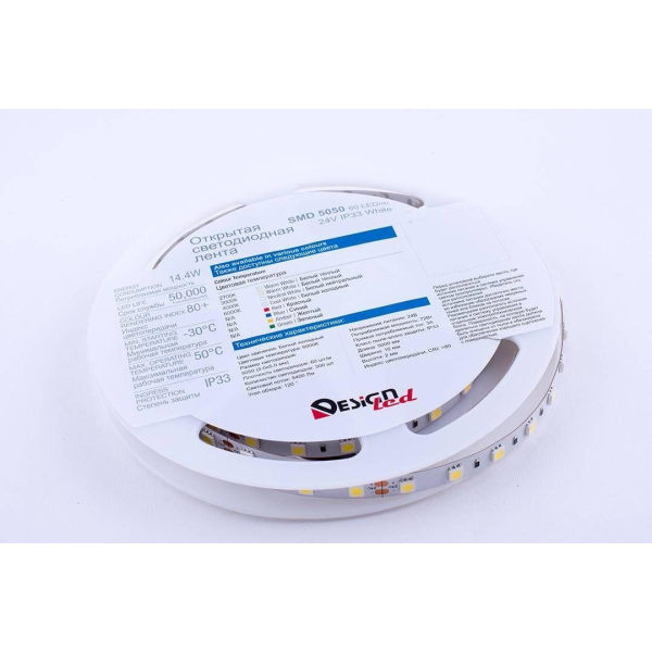 Светодиодная влагозащищенная лента DesignLed 14,4W/m 60LED/m 5050SMD холодный белый 5M 000520 Светодиодная влагозащищенная лента DesignLed 14,4W/m 60LED/m 5050SMD холодный белый 5M 000520