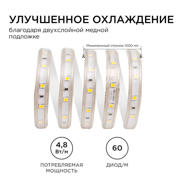 Светодиодная влагозащищенная лента Apeyron 4,8W/m 60LED/m 3528SMD холодный белый 5M 10-04