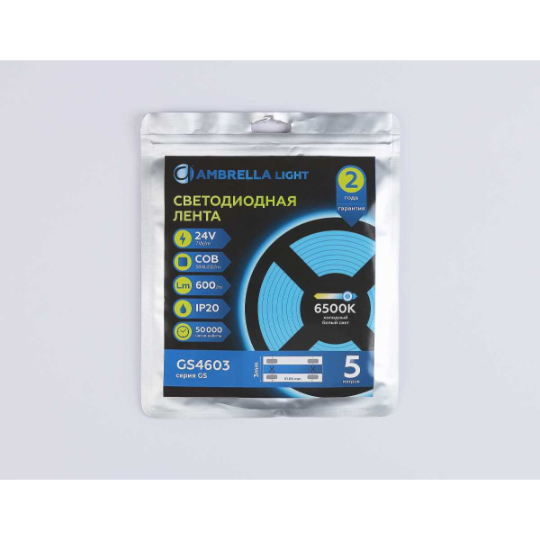 Светодиодная лента Ambrella Light GS4603 COB 384Led/ 7W m/ 24V IP20 6500K/ 5m*3mm*2mm (2 конт.) GS4603 Светодиодная лента Ambrella Light GS4603 COB 384Led/ 7W m/ 24V IP20 6500K/ 5m*3mm*2mm (2 конт.) GS4603