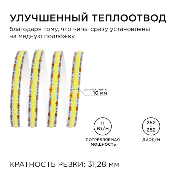 Светодиодная лента Apeyron 11W/m 504LED/m COB теплый/холодный белый 2M 219ОО Светодиодная лента Apeyron 11W/m 504LED/m COB теплый/холодный белый 2M 219ОО