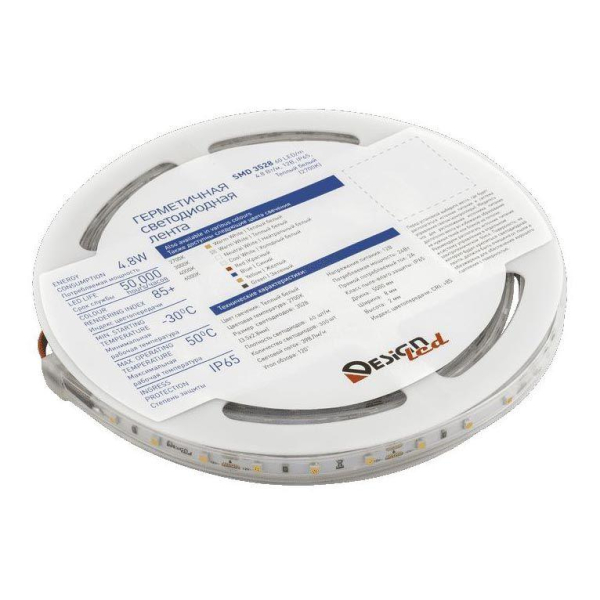 Светодиодная влагозащищенная лента DesignLed 4,8W/m 60LED/m 3528SMD теплый белый 5M 005702