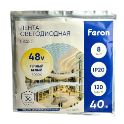 Светодиодная лента Feron 8W/m 120LED/m 2835SMD теплый белый 40M LS420 48791