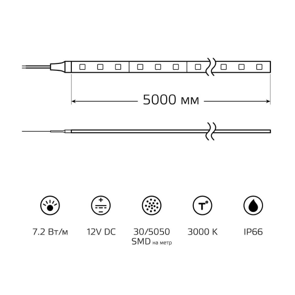 Светодиодная влагозащищенная лента Gauss 7,2W/m 30LED/m 5050SMD теплый белый 5M 311000107