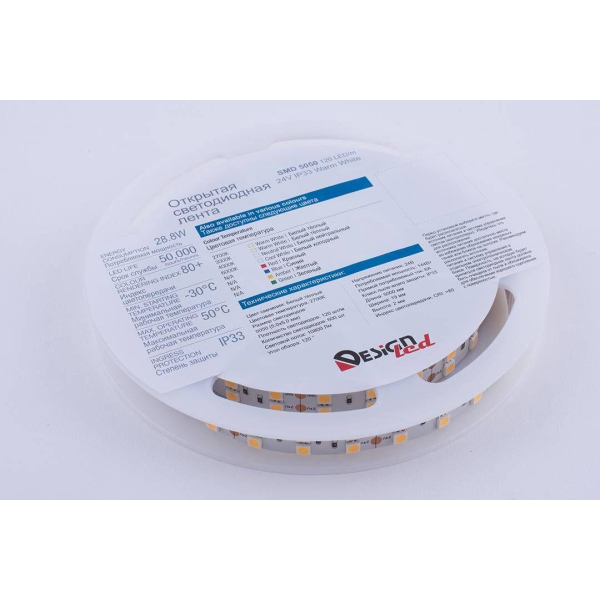 Светодиодная влагозащищенная лента DesignLed 28,8W/m 120LED/m 5050SMD теплый белый 5M 000523