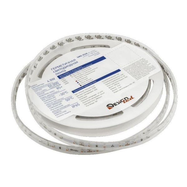 Светодиодная влагозащищенная лента DesignLed 4,8W/m 60LED/m 3528SMD теплый белый 5M 005702