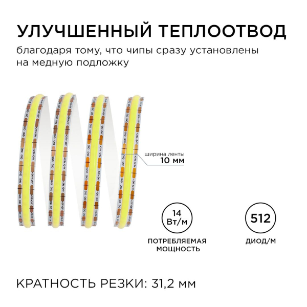 Светодиодная лента Apeyron 14W/m 512LED/m COB холодный белый 2M 197ОО Светодиодная лента Apeyron 14W/m 512LED/m COB холодный белый 2M 197ОО