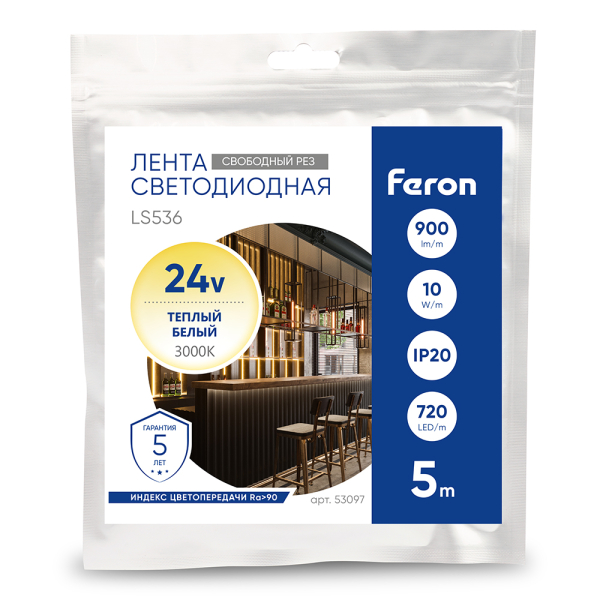 Светодиодная лента Feron 10W/m 720LED/m 2110SMD 3000К 5M свободный рез LS536 53097