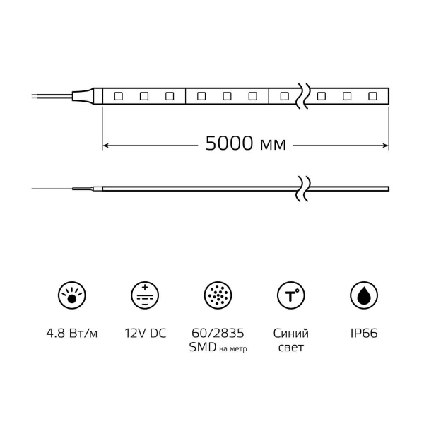 Светодиодная влагозащищенная лента Gauss 4,8W/m 60LED/m 2835SMD синий 5M 311000505