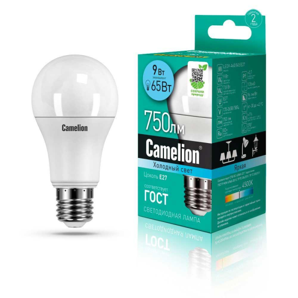 Лампа светодиодная Camelion E27 9W 4500K LED9-A60/845/E27 12044 Лампа светодиодная Camelion E27 9W 4500K LED9-A60/845/E27 12044