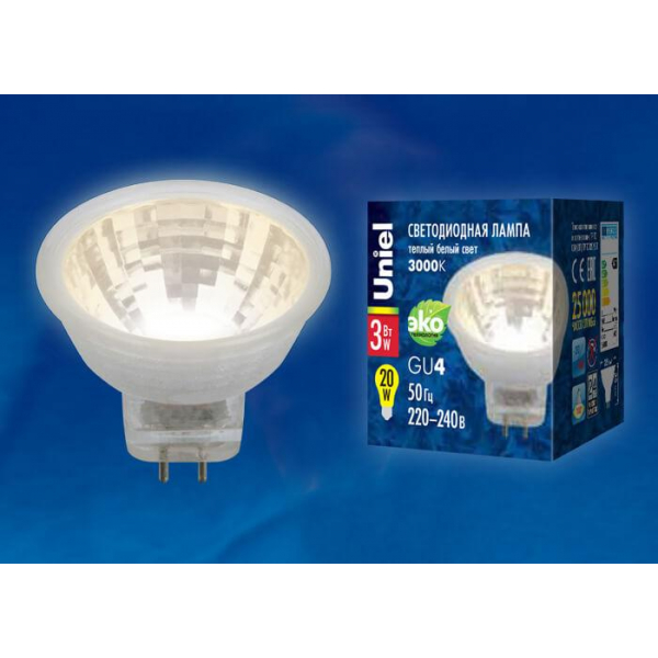 Лампа светодиодная Uniel GU4 3W 3000K прозрачная LED-MR11-3W/WW/GU4/220V GLZ21TR UL-00001702