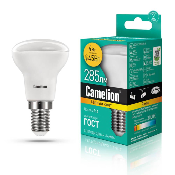 Лампа светодиодная Camelion 3000К 4W E14 LED4-R39/830/E14 13353 Лампа светодиодная Camelion 3000К 4W E14 LED4-R39/830/E14 13353