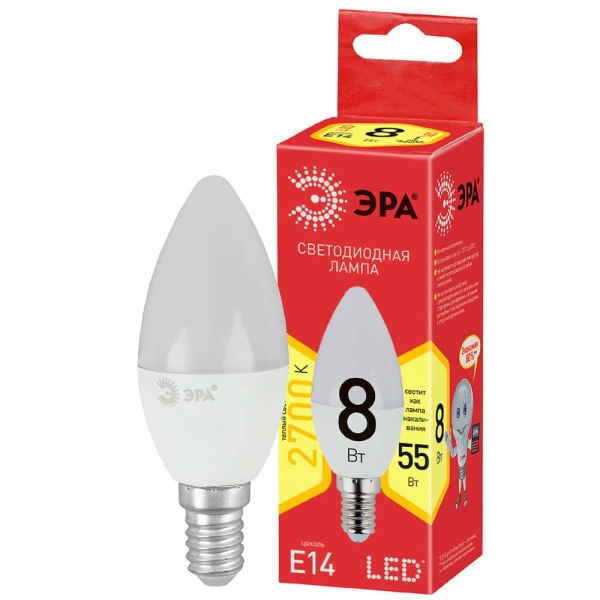 Лампа светодиодная ЭРА E14 8W 2700K матовая ECO LED B35-8W-827-E14 Б0030018 Лампа светодиодная ЭРА E14 8W 2700K матовая ECO LED B35-8W-827-E14 Б0030018