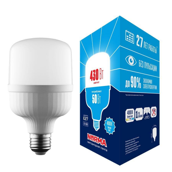 Лампа LED сверхмощная Volpe E27 50W 4000K матовая LED-M80-50W/4000K/E27/FR/NR UL-00006791