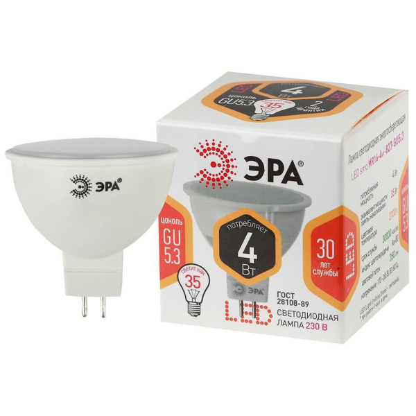 Лампа светодиодная ЭРА GU5.3 4W 2700K матовая LED MR16-4W-827-GU5.3 Б0017897