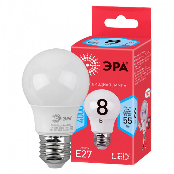 Лампа светодиодная ЭРА E27 8W 4000K матовая ECO LED A55-8W-840-E27 Б0032096