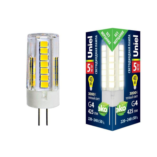 Лампа светодиодная Uniel G4 5W 3000K прозрачная LED-JC-220/5W/3000K/G4/CL GLZ09TR UL-00006744