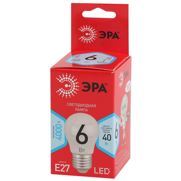 Лампа светодиодная ЭРА E27 6W 4000K матовая ECO LED P45-6W-840-E27 Б0020630 Лампа светодиодная ЭРА E27 6W 4000K матовая ECO LED P45-6W-840-E27 Б0020630