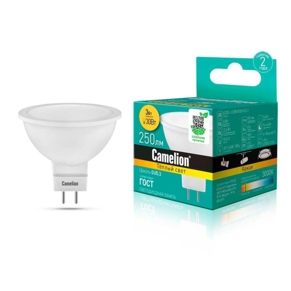 Лампа светодиодная Camelion GU5.3 3W 3000K LED3-JCDR/830/GU5.3 11367 Лампа светодиодная Camelion GU5.3 3W 3000K LED3-JCDR/830/GU5.3 11367