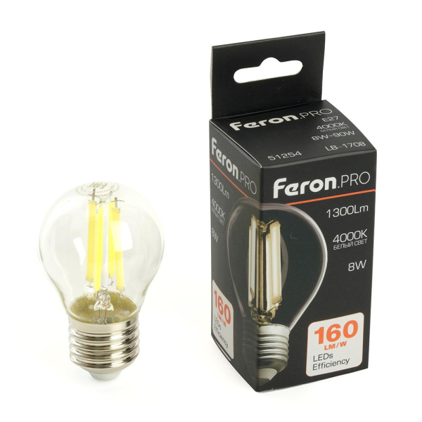 Лампа светодиодная Feron.PRO LB-1708 Шарик E27 1300LM 8W 175-265V 4000K 51254 Лампа светодиодная Feron.PRO LB-1708 Шарик E27 1300LM 8W 175-265V 4000K 51254