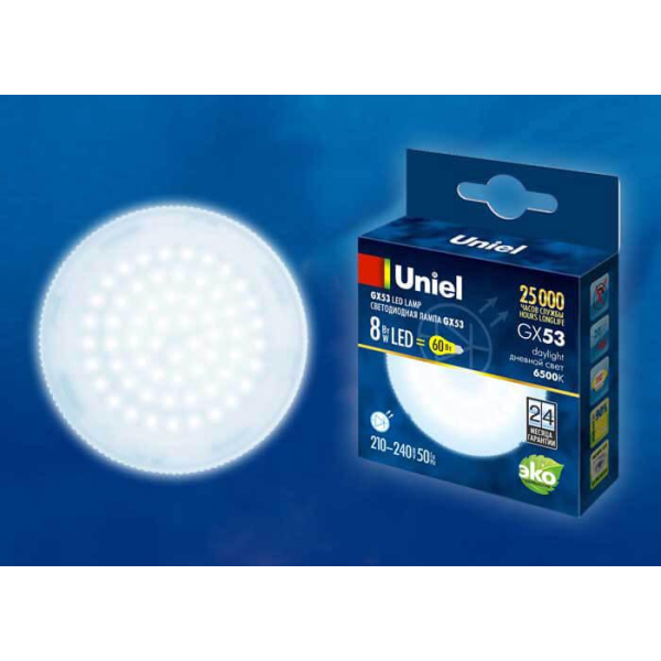 Лампа светодиодная Uniel GX53 8W 6500K матовая LED-GX53-8W/6500K/GX53/FR PLZ01WH UL-00005312 Лампа светодиодная Uniel GX53 8W 6500K матовая LED-GX53-8W/6500K/GX53/FR PLZ01WH UL-00005312
