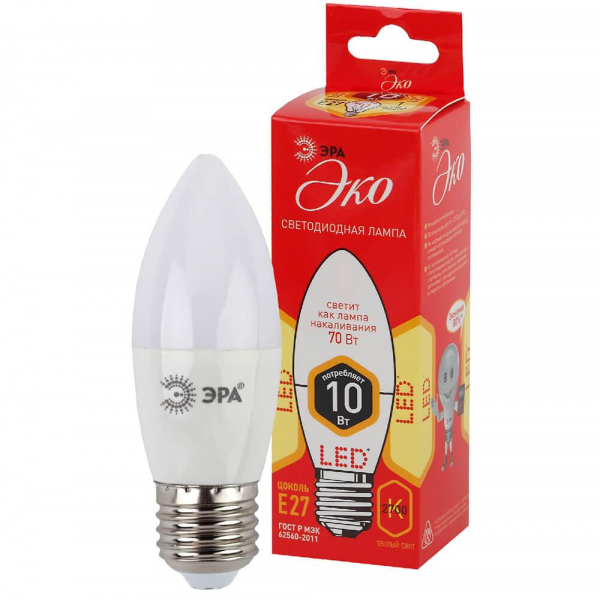 Лампа светодиодная ЭРА E27 10W 2700K матовая ECO LED B35-10W-827-E27 Б0032962