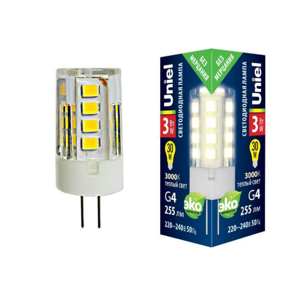 Лампа светодиодная Uniel G4 3W 3000K прозрачная LED-JC-220/3W/3000K/G4/CL GLZ09TR UL-00006742