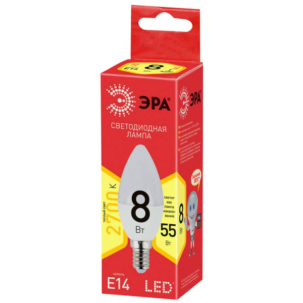 Лампа светодиодная ЭРА E14 8W 2700K матовая ECO LED B35-8W-827-E14 Б0030018 Лампа светодиодная ЭРА E14 8W 2700K матовая ECO LED B35-8W-827-E14 Б0030018