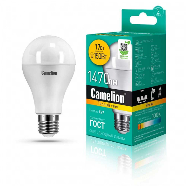 Лампа светодиодная Camelion E27 17W 3000K LED17-A65/830/E27 12308